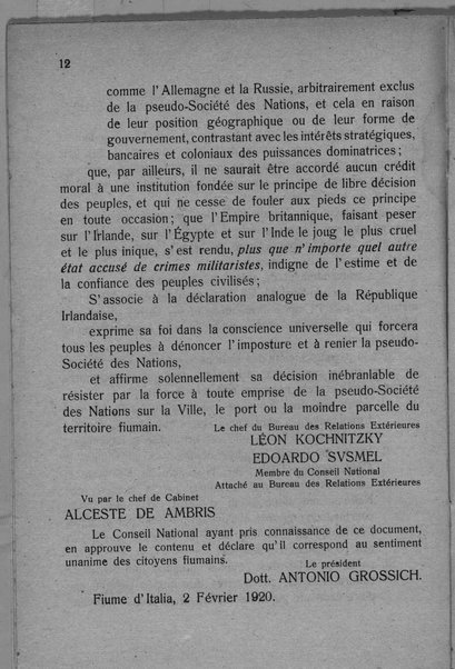 Actes et communiqués du bureau des relations extérieures du 28 novembre 1919 au 1er mai 1920